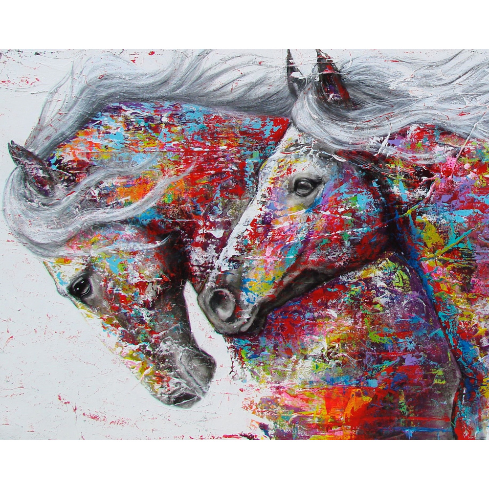 Diamond Painting Kit, 21x25 cm, Round Diamonds, Partial Drill - Colorful Horses YSA1979