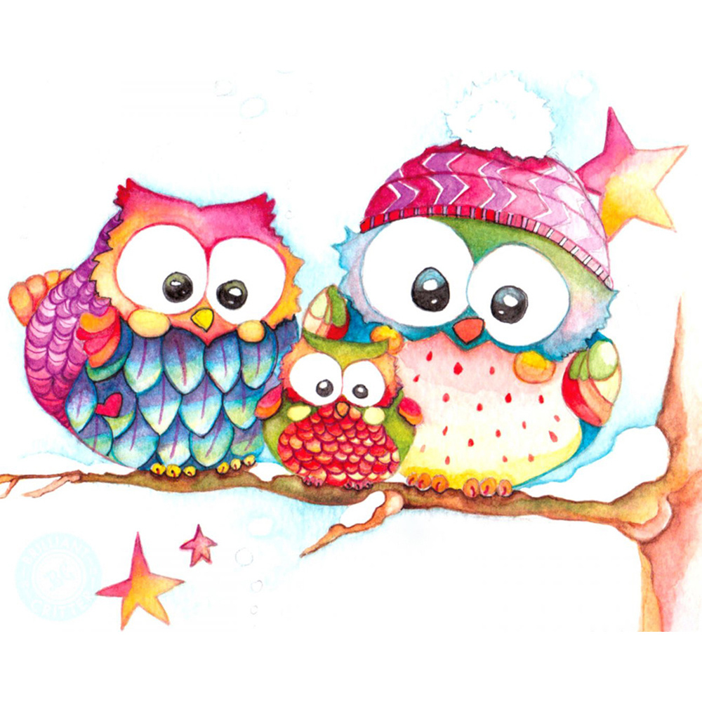 Diamond Painting Kit with Round Stones / 21x25 cm / Partial Drill - Family of Owls, YSA0221