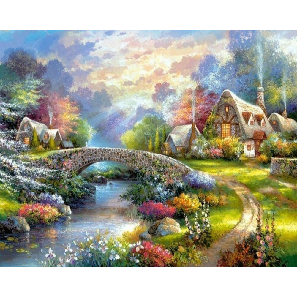 Diamond Painting Kit with Round Crystals / 21x25 cm / Partial Drill - Forest Houses - YSA1211