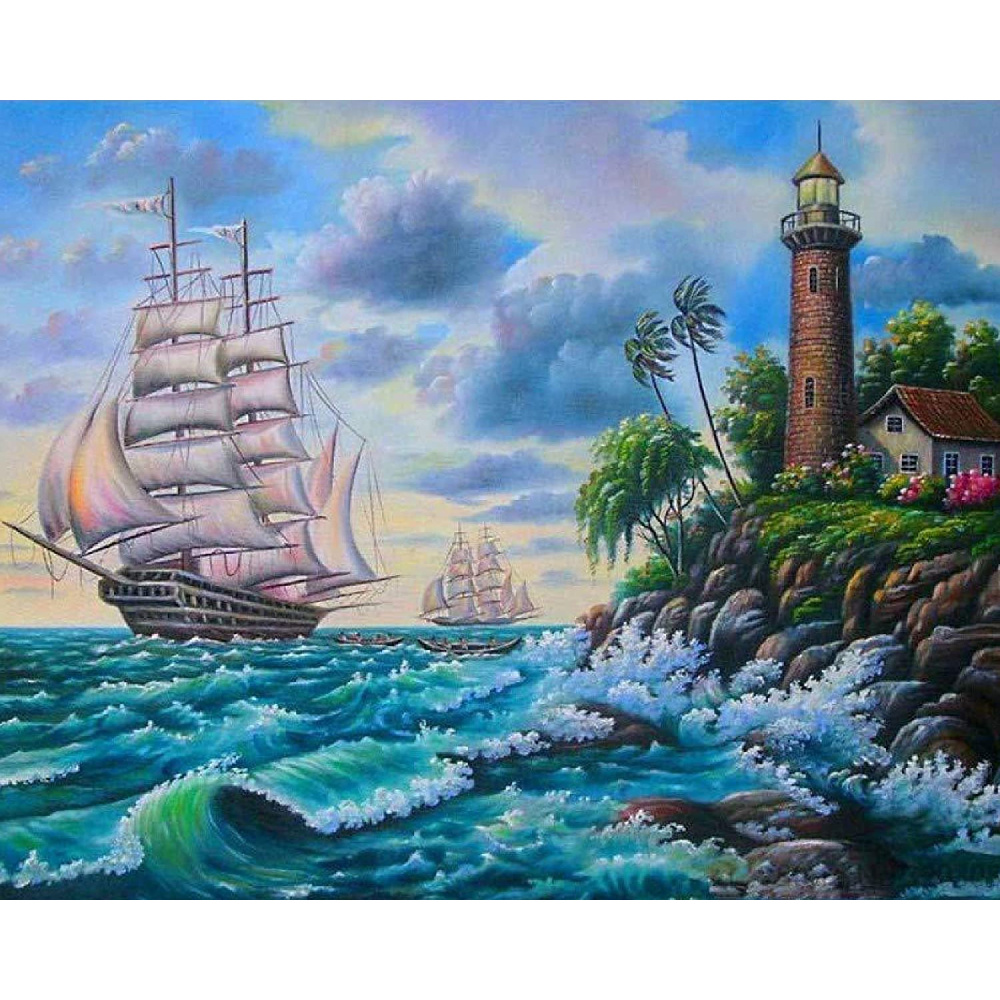 Partial Drill Diamond Painting Kit /  Round Rhinestones / 21x25 cm - Ships by the Lighthouse, YSA1420