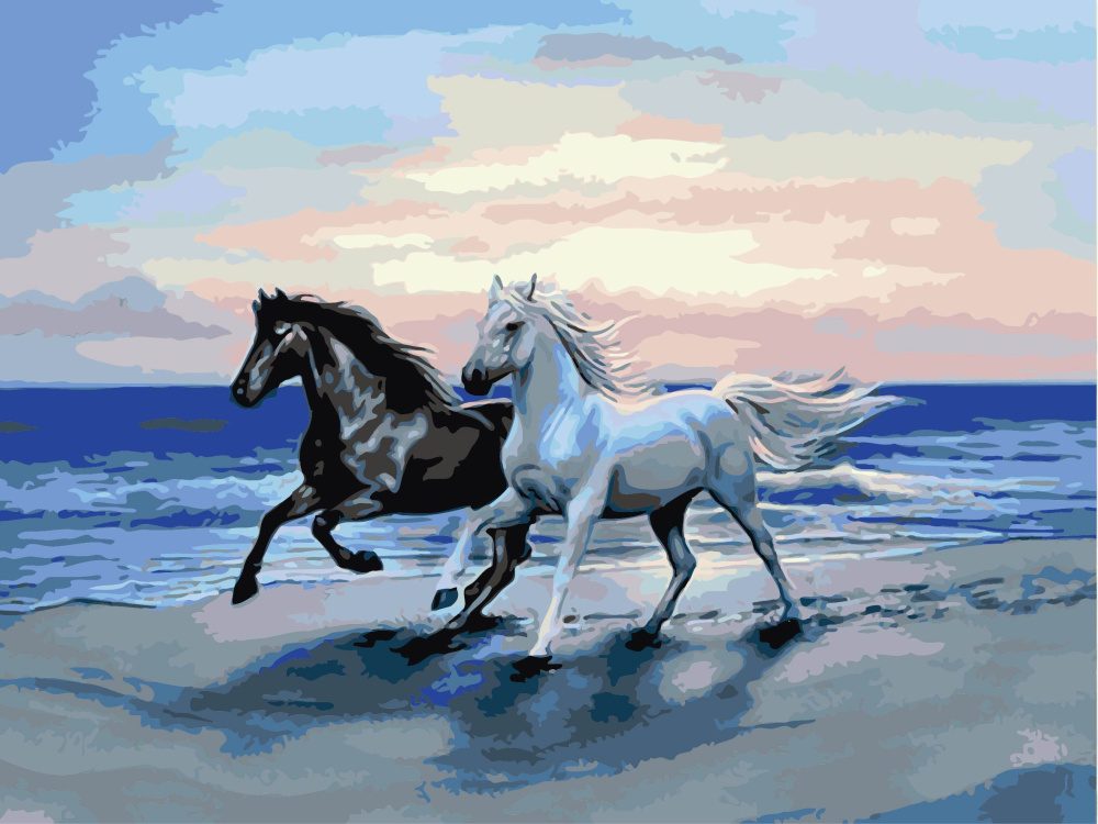 Paint By Numbers Kit, DIY Acrylic Painting Set with Pre-printed Canvas, Size: 30x40 cm - Horses By The Shore / 7577