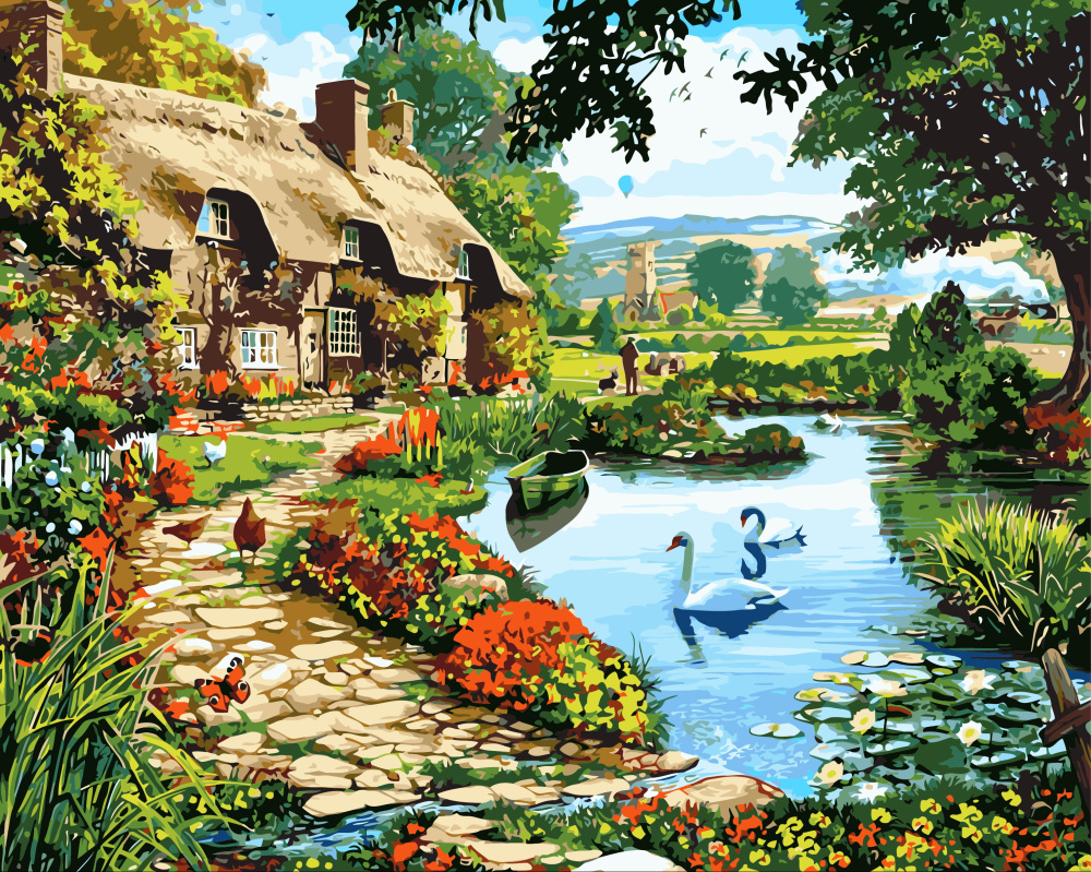 "Cottage by the river" DIY Paint By Numbers Kit, Size: 30x40 cm, for beginners, teenagers and adults / MS8457