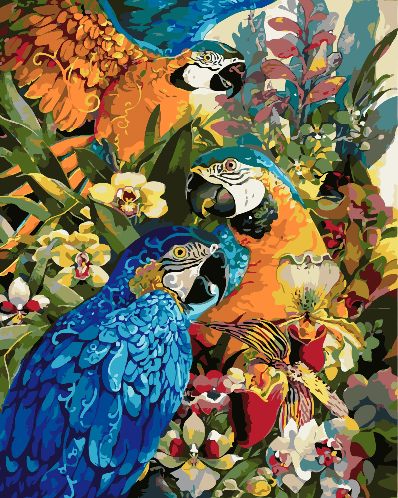 Paint By Numbers Kit, DIY Acrylic Painting Set, Sizr: 30x40 cm - "Colorful Parrots" / MS9568