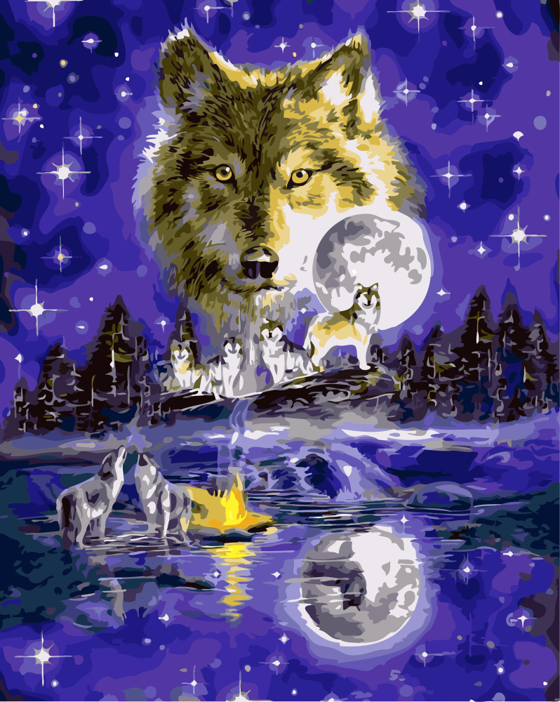 Paint By Numbers Kit, DIY Acrylic Painting Set, Sizr: 30x40 cm - "Midnight Wolves" / MS9579