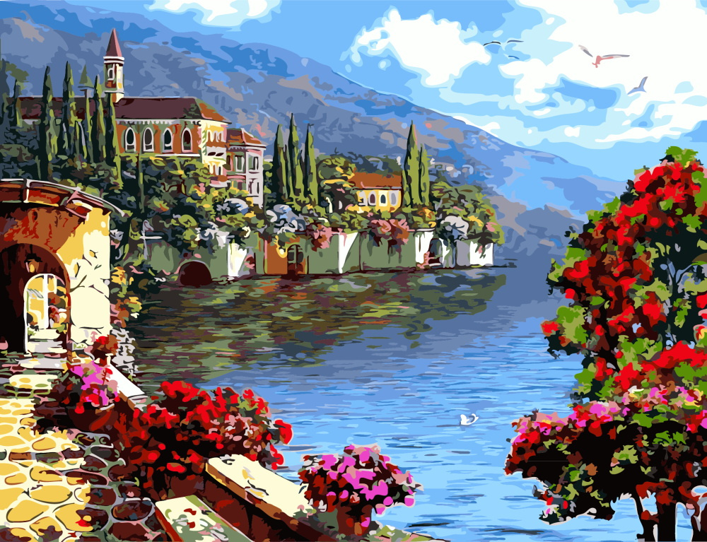 Paint By Numbers Set, DIY Acrylic Painting Kit for Adults & Beginners,  Size: 40x50 cm - Village by the sea / 7437