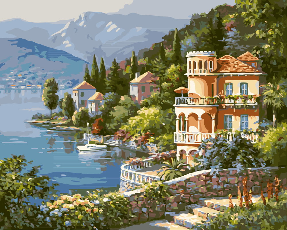 DIY Paint By Numbers Kit, Acrylic Painting for Beginners, Size: 40x50 cm, "Mansion by the lake" / BFB0485