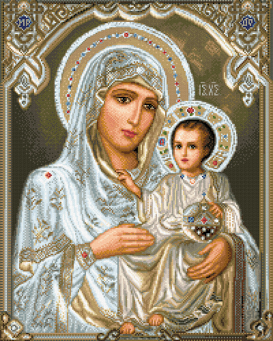 Diamond Painting Kit with Mary and Child, Size: 30x40cm, Round Diamonds Full Embedding with Frame - Virgin Mary in White ZJ0233