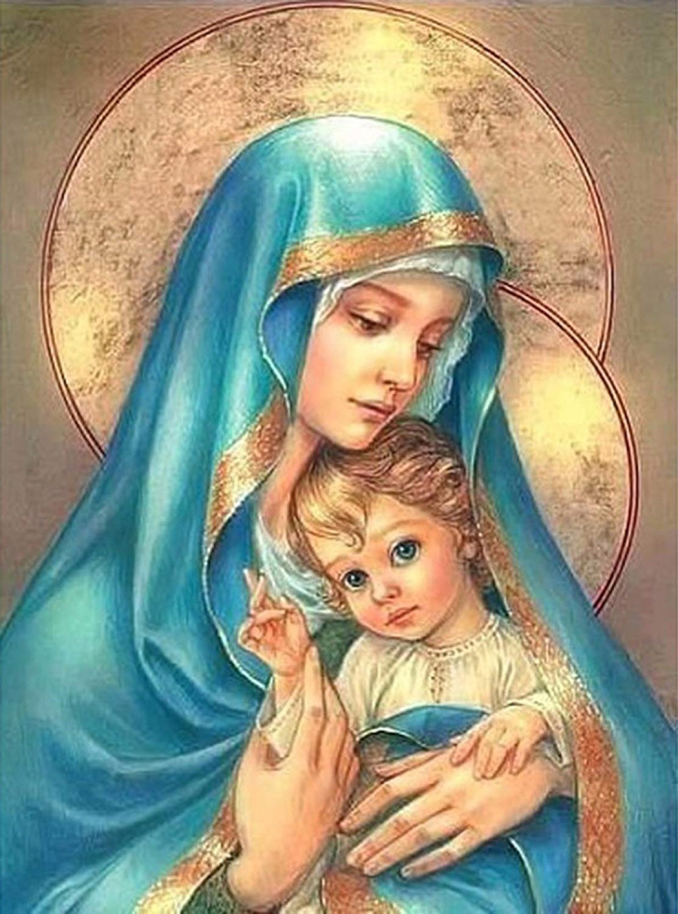Religious Diamond Art Kit with Motherly Love and Jesus Child, 30x40cm, Round Rhinestones, Full Drill Diamond Painting Kit with Frame - Virgin Mary and Child ZJ0415