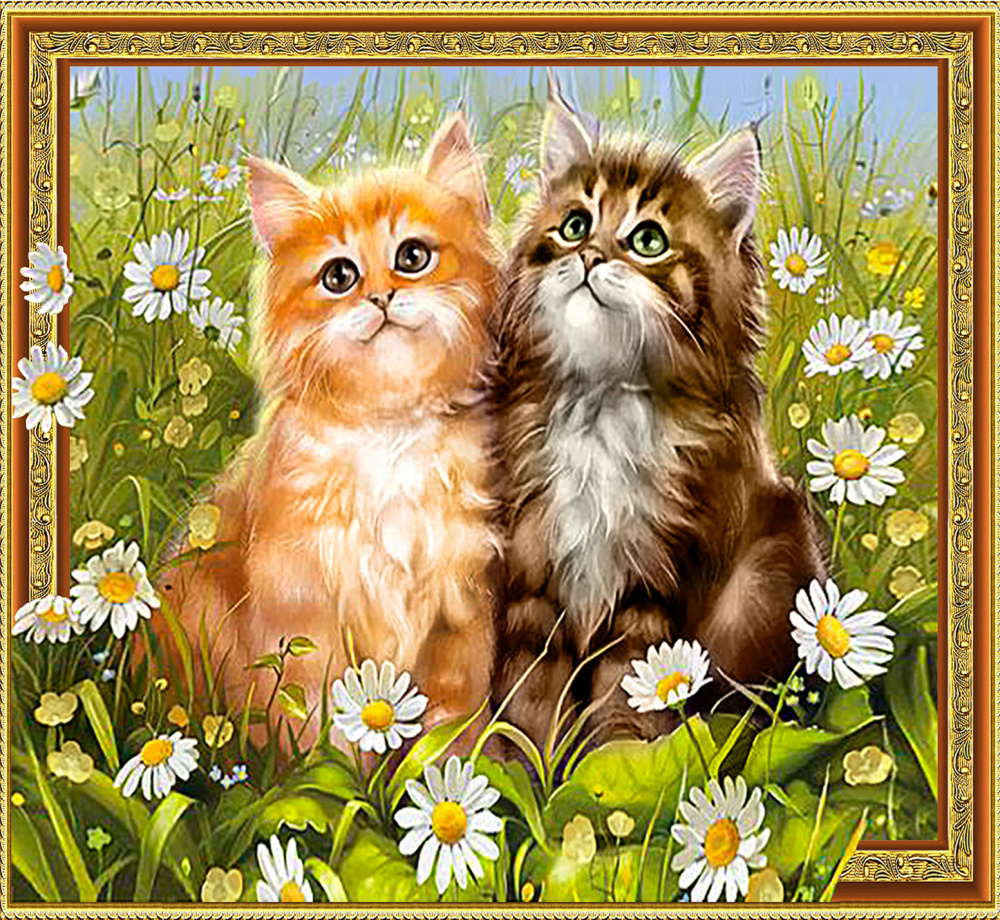5D Diamond Painting 30x40 cm with Round Diamonds, Fully Adhesive with Frame - 'Kittens in Daisies' LT0506