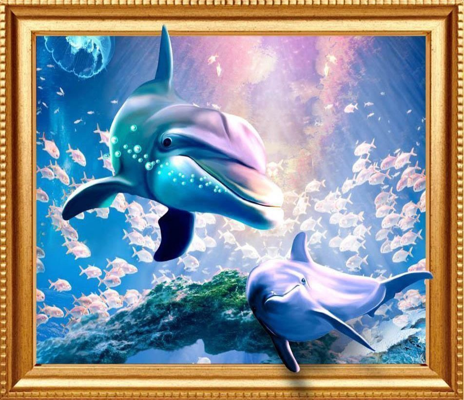 5D Diamond Painting 30x40 cm with Round Diamonds, Fully Adhesive with Frame - 'Dolphin Duo' LT0341