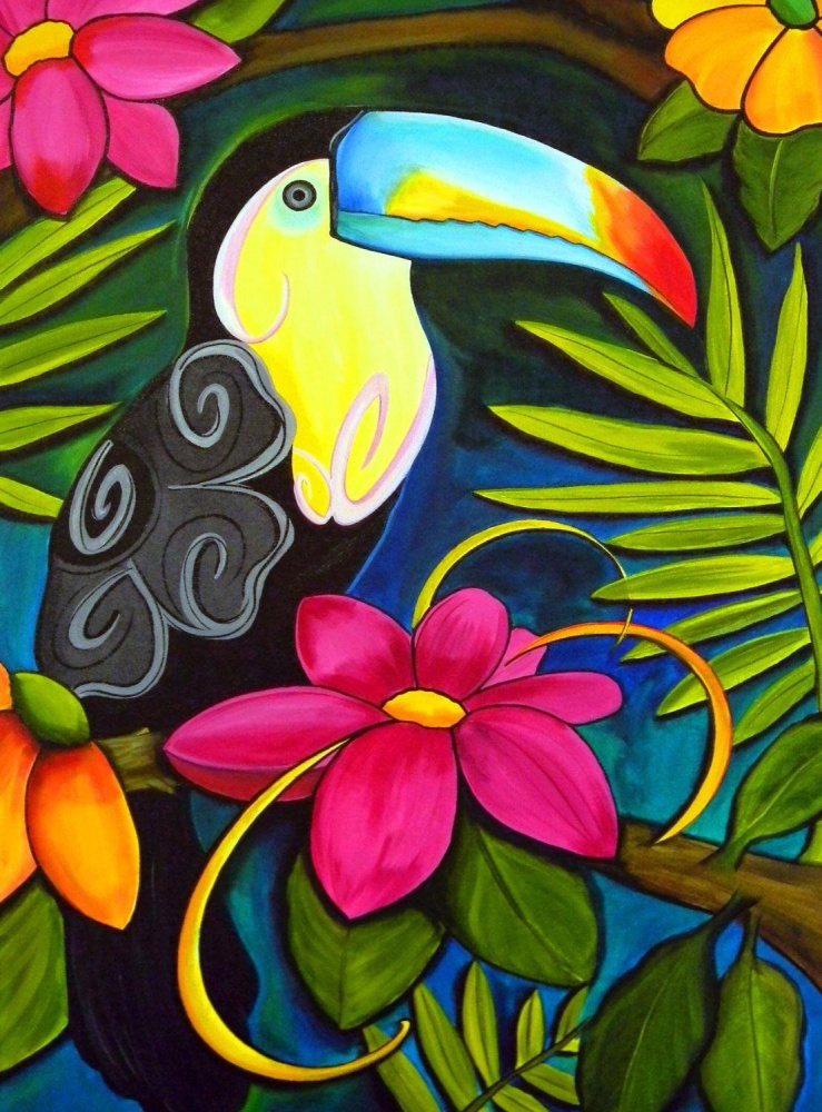 Diamond Painting 30x40 cm with Round Diamonds, Fully Adhesive with Frame - 'Colorful Toucan' YSG0876