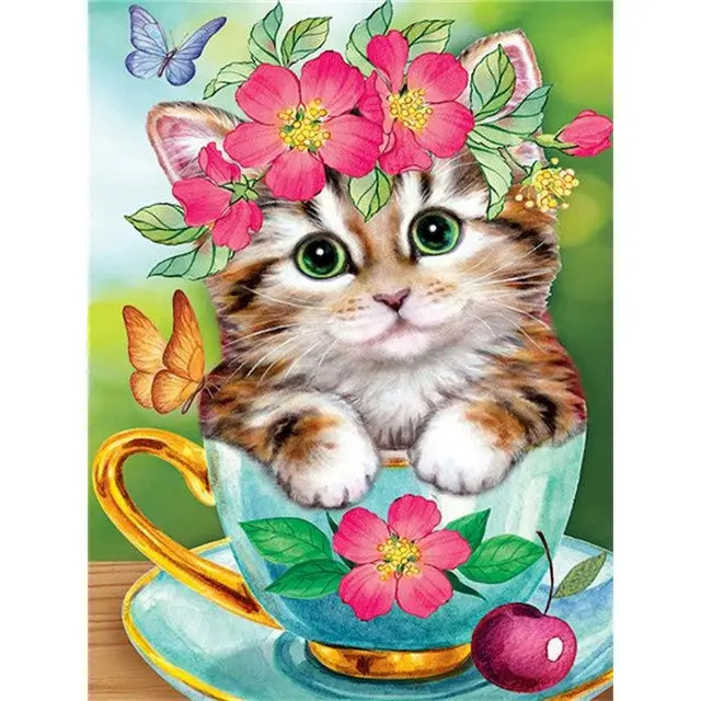 Diamond Painting Kit, 21x25 cm, Round Diamonds, Partial Drill - Little Kitten in a Cup YSA0021