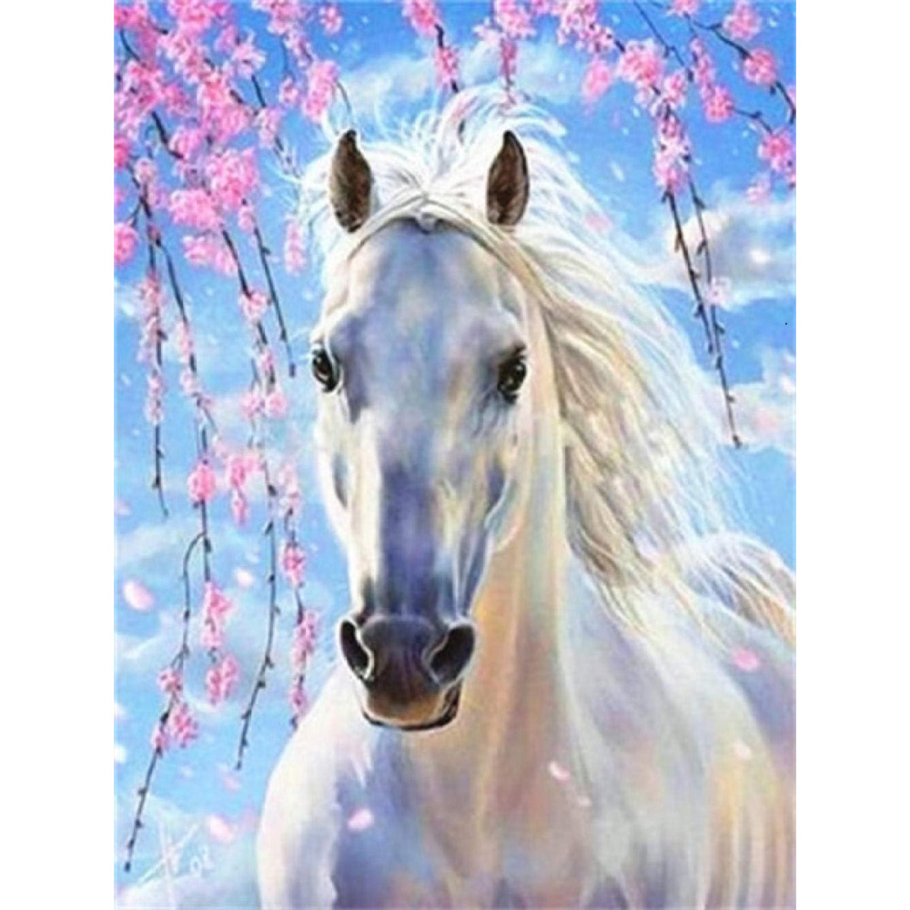 Πίνακας με ψηφίδες 21x25 cm στρογγυλά διαμάντια μερική επικάλυψη - Λευκό άλογο YSA0125
