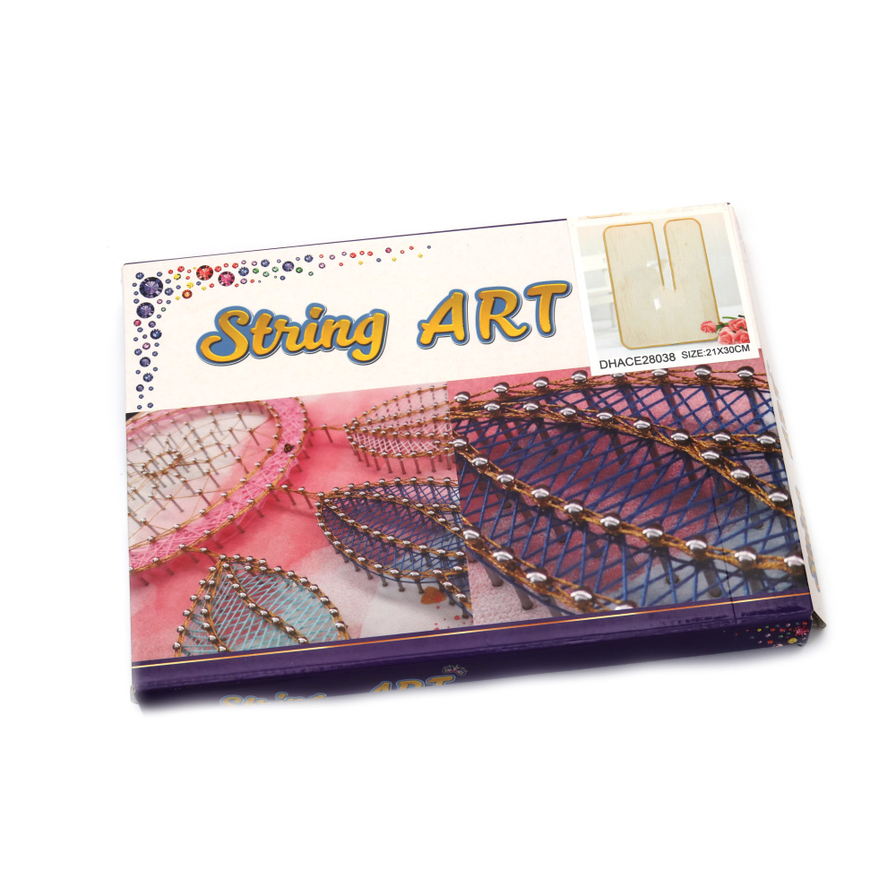 Δημιουργικό σετ STRING ART με ξύλινη βάση, κλωστές, καρφιά και σφυρί 21x30 cm - σπιτάκι με καρδιές DHACE28038