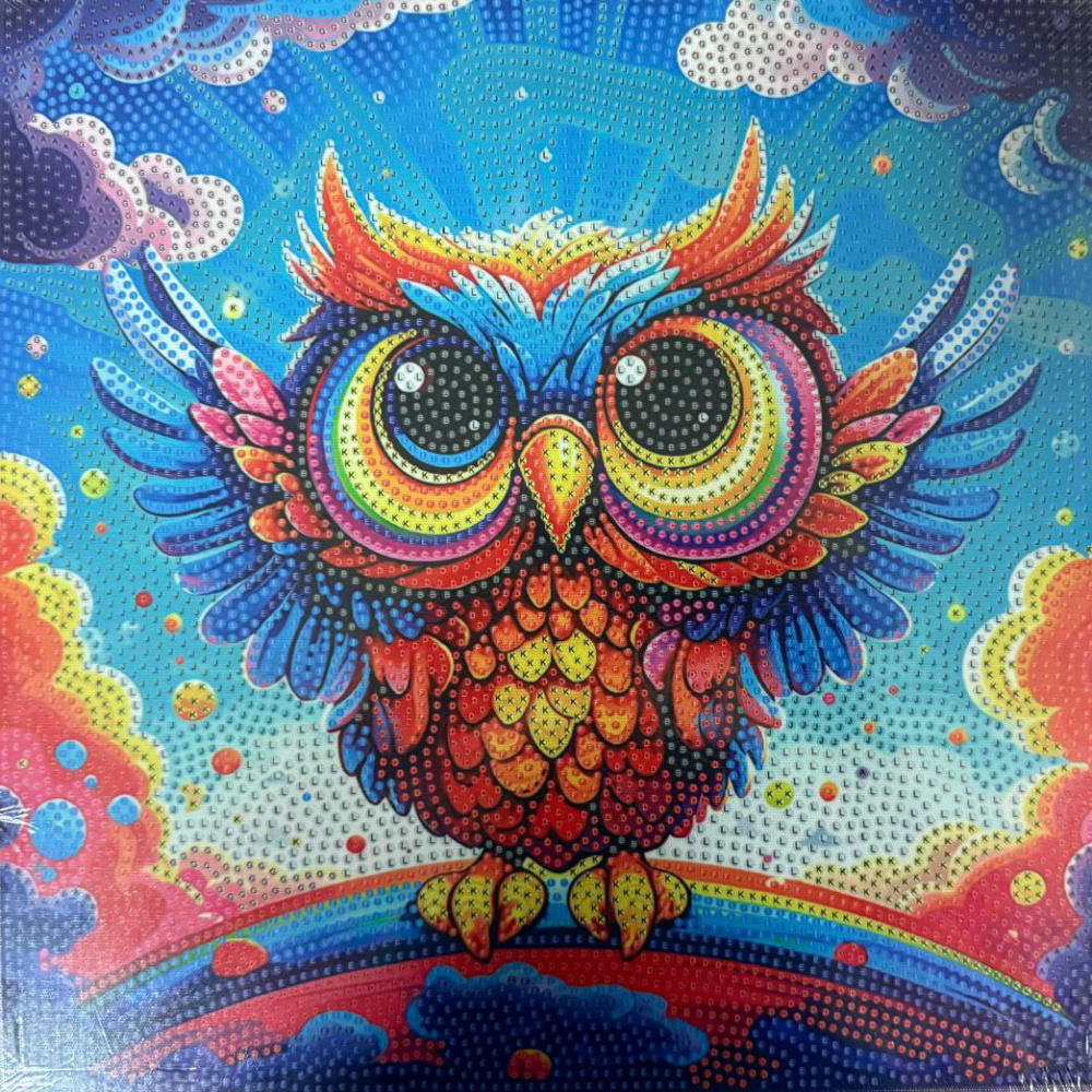 Set pictură cu diamante (Diamond Painting) Majestic 30x30 cm, diamante rotunde – acoperire parțială „Bufniță” MKX17348