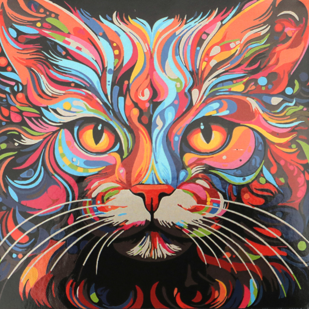 Charming Cat Paint by Numbers Set 30x30 cm on Black Background – Perfect for Pet and Art Lovers HWC0004