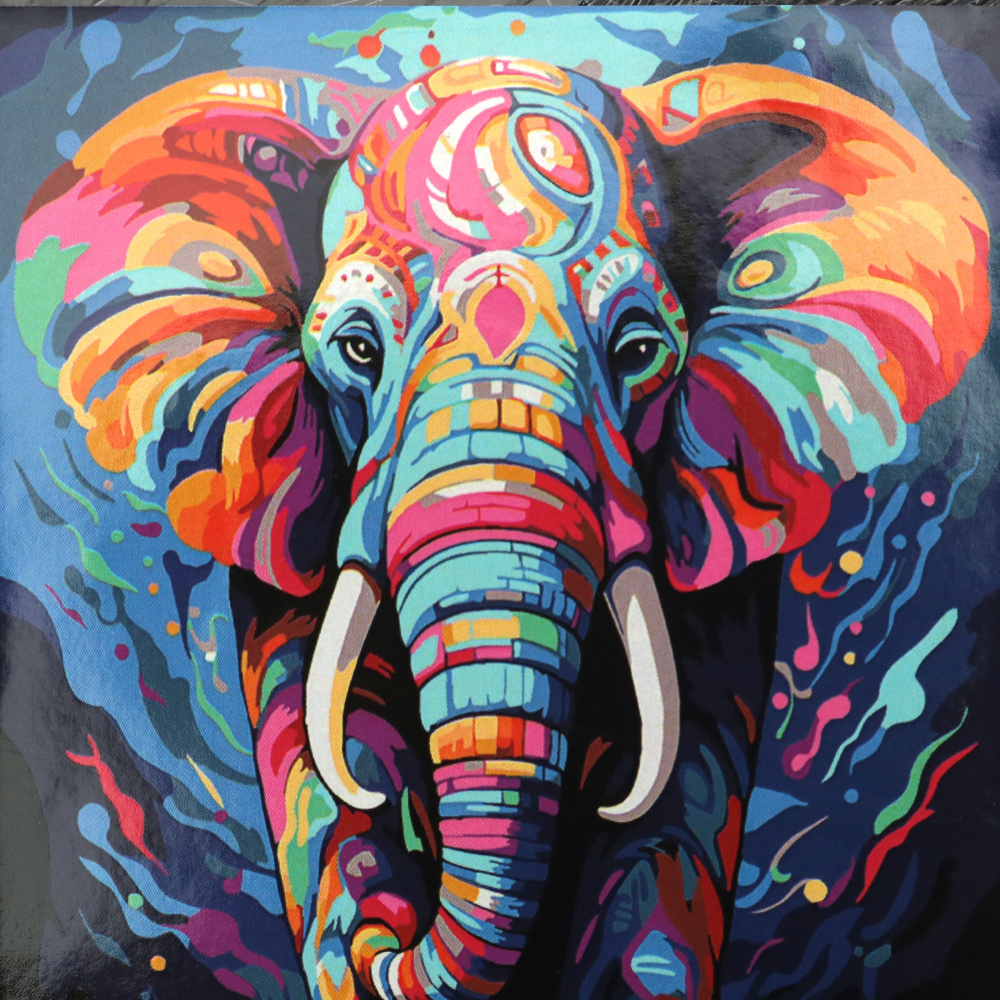 Set Pictură după Numere DIY – Elefant Maiestuos 30x30 cm, pe fundal negru – Perfect pentru iubitorii de natură și artă animalieră HWC0018