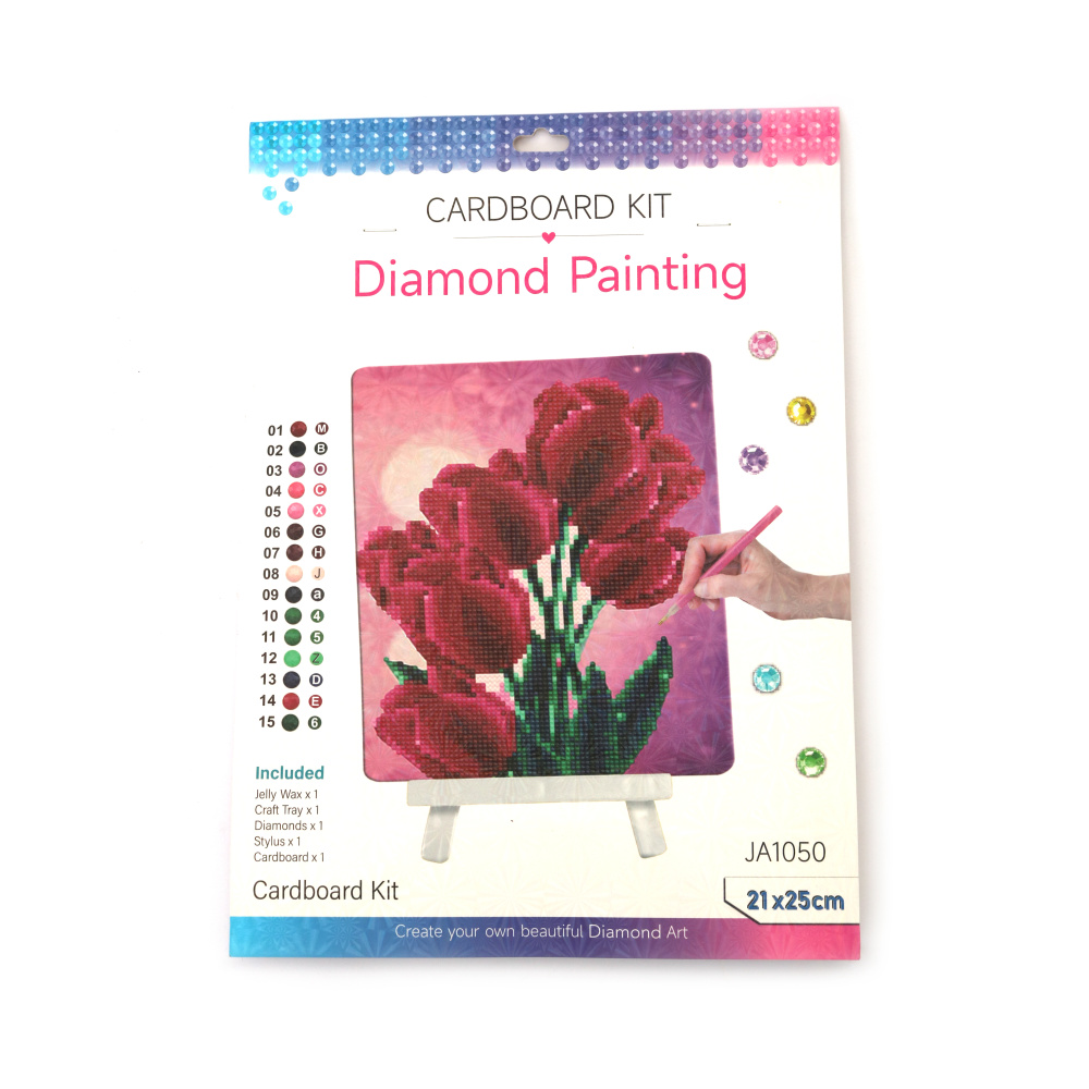 Pictură cu diamante Lalele frumoase 21x25 cm, diamante rotunde – acoperire parțială cu șevalet – perfectă pentru artă florală și decor elegant pentru casă JA1050
