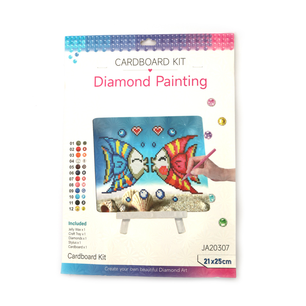 Pictură cu diamante „Pești îndrăgostiți adorabili”, 21 x 25 cm, diamante rotunde – acoperire parțială, cu șevalet – perfectă pentru artă marină și decor romantic, JA20307