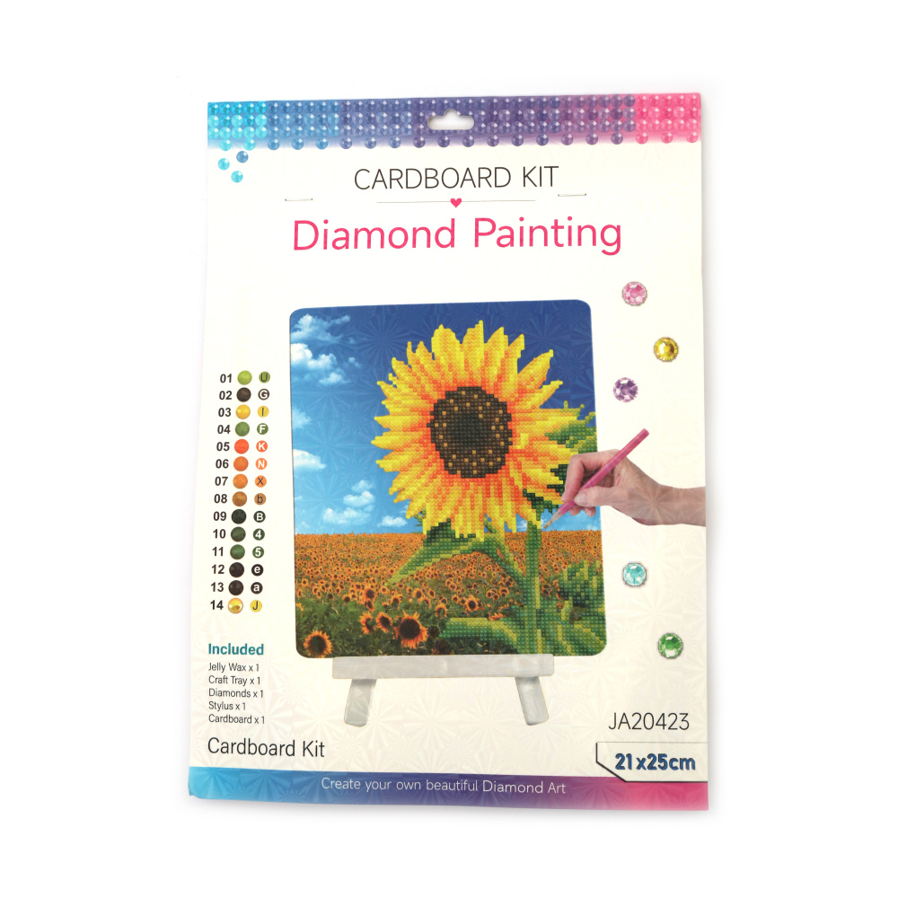 Kit pictură cu diamante Flori de floarea-soarelui strălucitoare 21x25 cm, diamante rotunde – acoperire parțială, cu șevalet inclus – ideal pentru artă inspirată de natură și decor vesel pentru casă JA20423