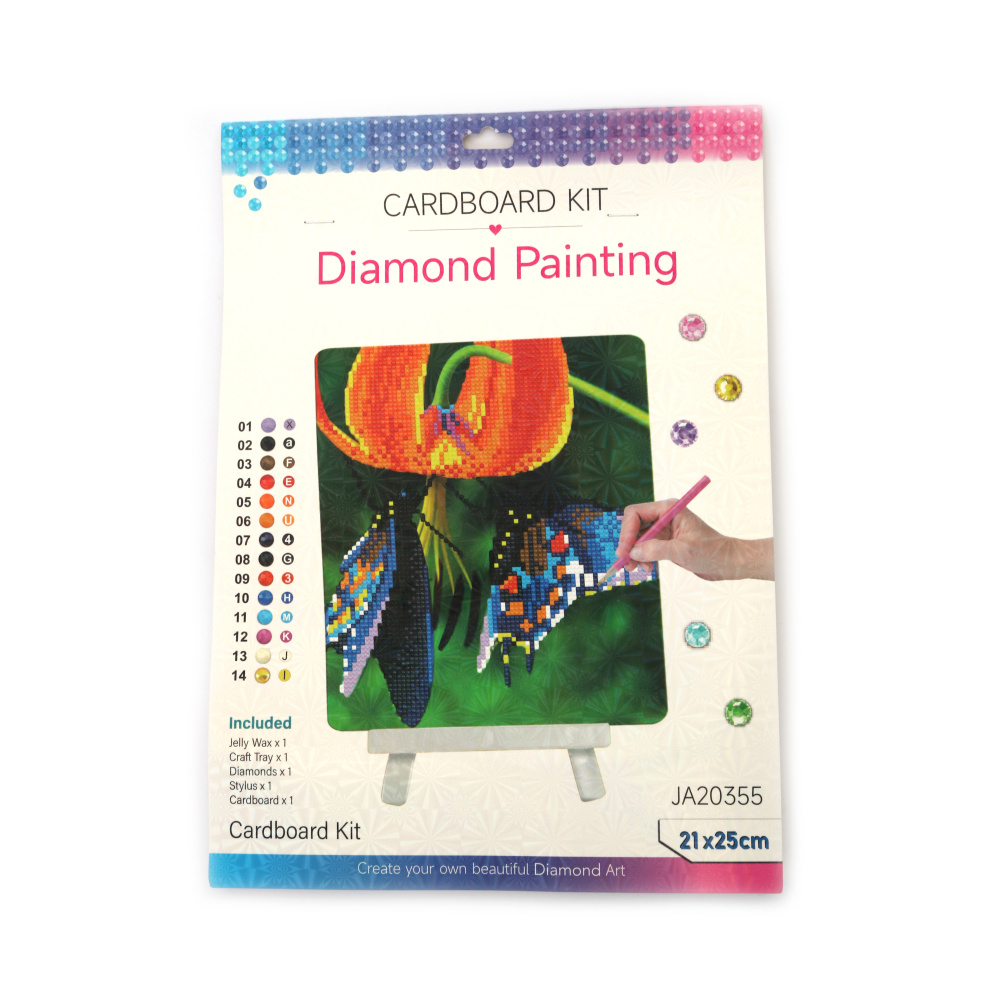 Pictură cu diamante Parfumul fluturelui 21x25 cm, cu diamante rotunde – acoperire parțială, cu șevalet – ideală pentru artă inspirată din natură și decor elegant pentru casă JA20355