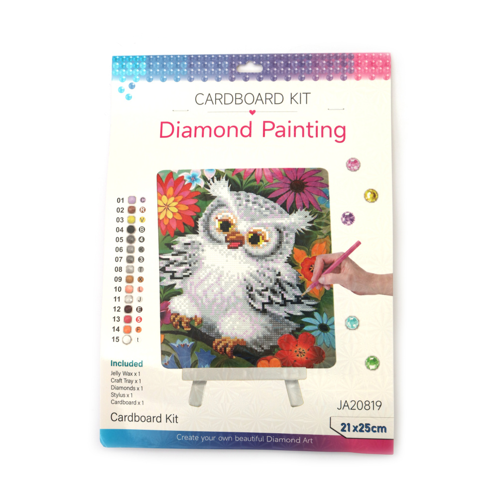 Pictură cu diamante Bufniță Majestuoasă 21x25 cm, cu diamante rotunde – acoperire parțială, cu șevalet – perfectă pentru artă animalieră și decor elegant pentru casă JA20819