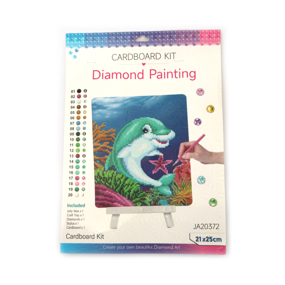 Pictură cu diamante Delfin 21x25 cm, diamante rotunde – acoperire parțială, cu șevalet – ideală pentru artă marină și decor creativ pentru casă JA20372