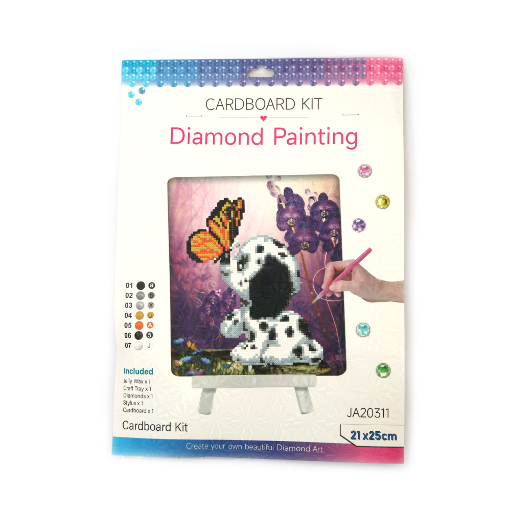 Pictură cu diamante – Cățel adorabil cu fluture, 21x25 cm, diamante rotunde, acoperire parțială, cu șevalet – perfectă pentru artă cu animale și decor drăguț pentru casă, JA20311