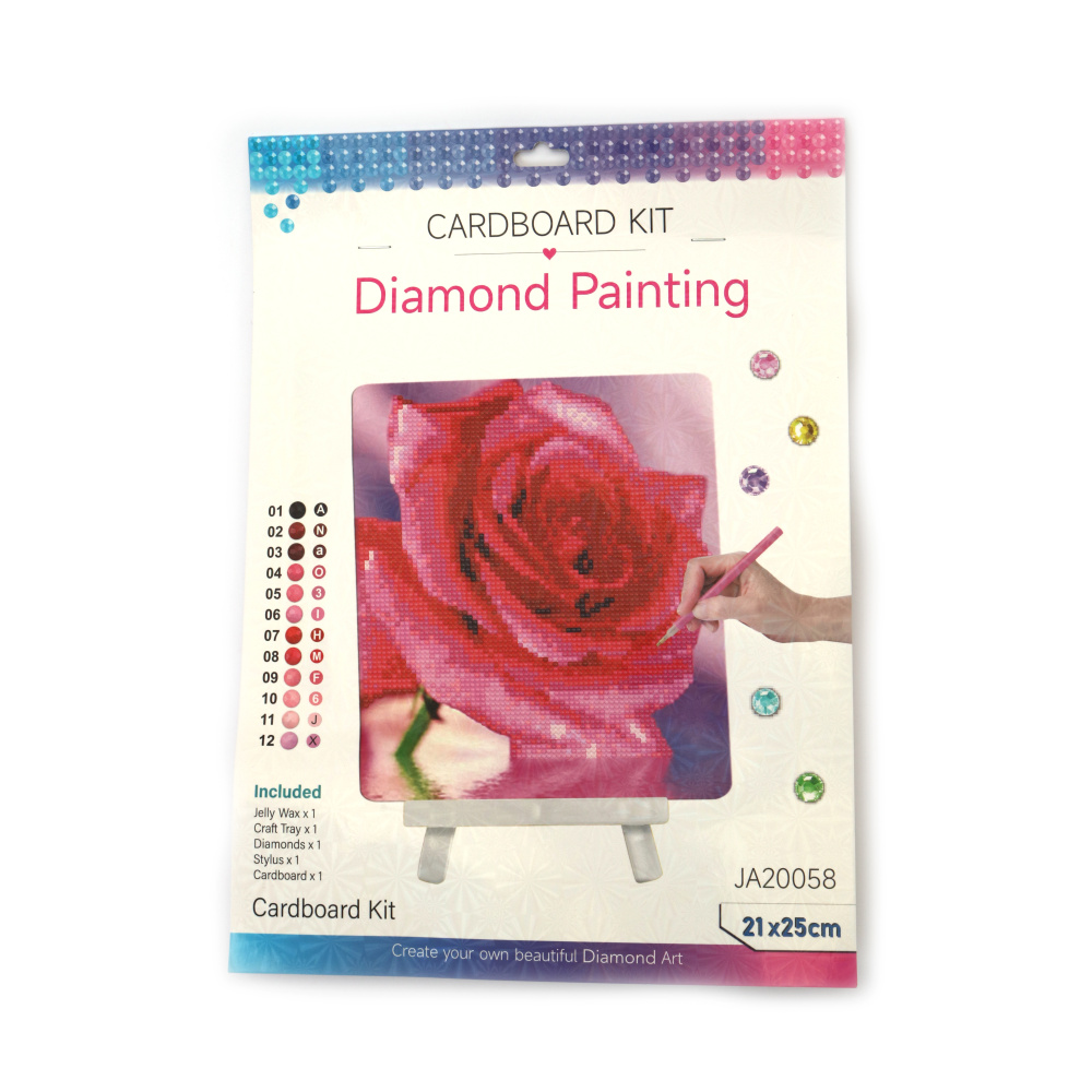 Pictură cu diamante Trandafir Superb 21x25 cm, cu diamante rotunde – acoperire parțială, șevalet inclus – ideală pentru artă florală și decor elegant pentru casă JA20058