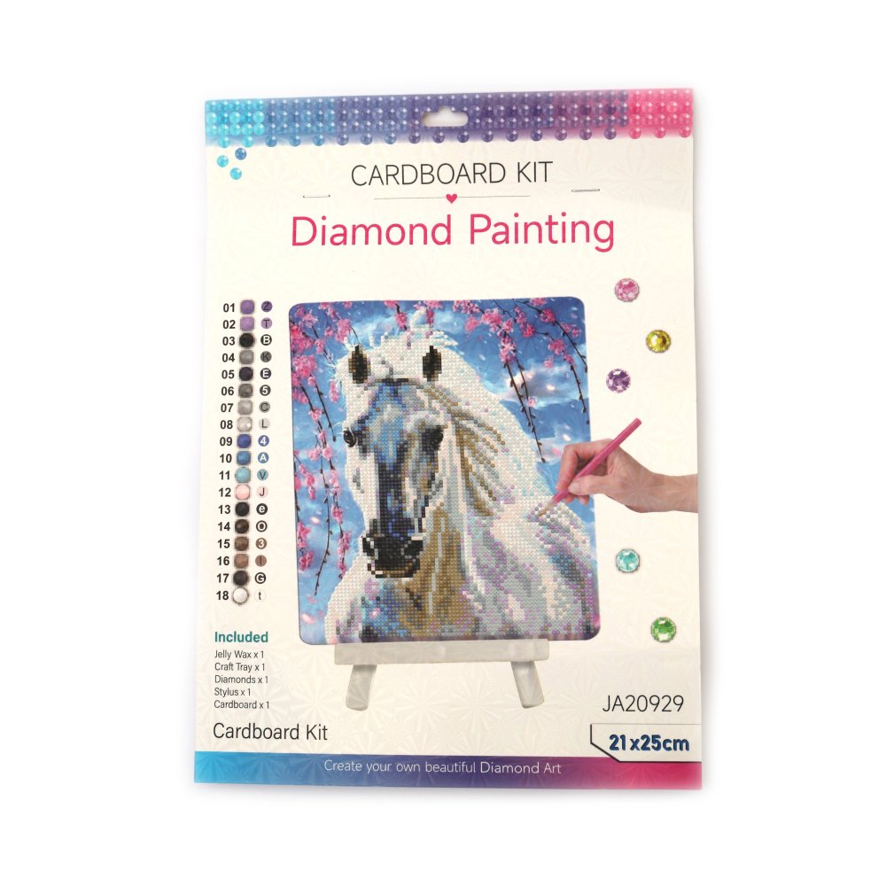 Pictură cu diamante Cal Alb Majestuos 21x25 cm cu diamante rotunde – lipire parțială, cu șevalet – perfectă pentru artă animalieră și decor elegant al casei JA20929