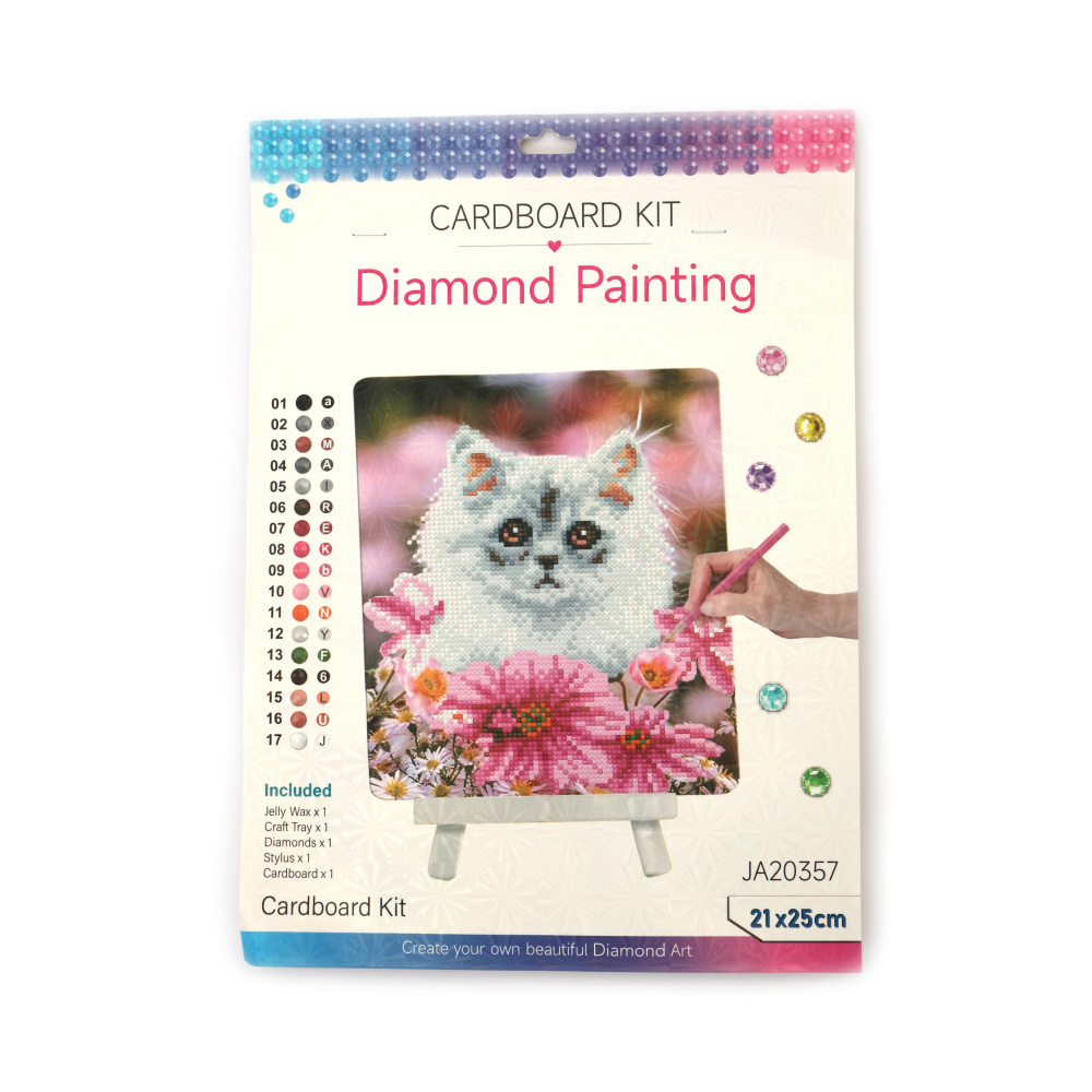 Set Pictură cu Diamante (Diamond Painting) Pisicuță Pufoasă, 21x25 cm, Diamante Rotunde – Acoperire Parțială, Șevalet Inclus – Ideal pentru Artă cu Animale de Companie și Decor Cald pentru Casă, JA20357