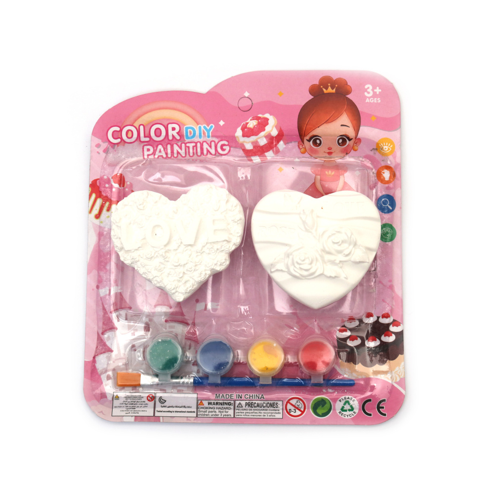 Set de 2 figurine din ipsos pentru colorat cu vopsele și o pensulă - inimioare