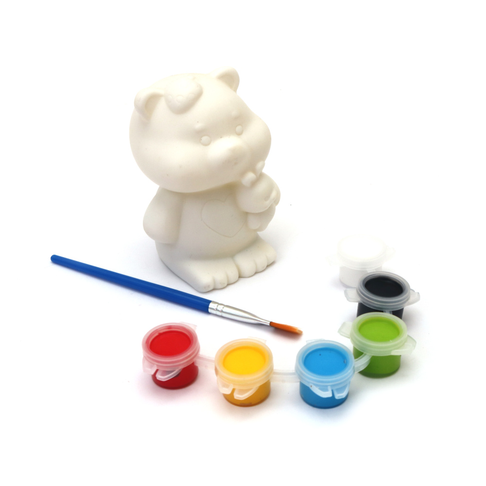 Cutie de colorat din plastic 60x90 mm cu pensulă și vopsele - ursuleț cu iepuraș