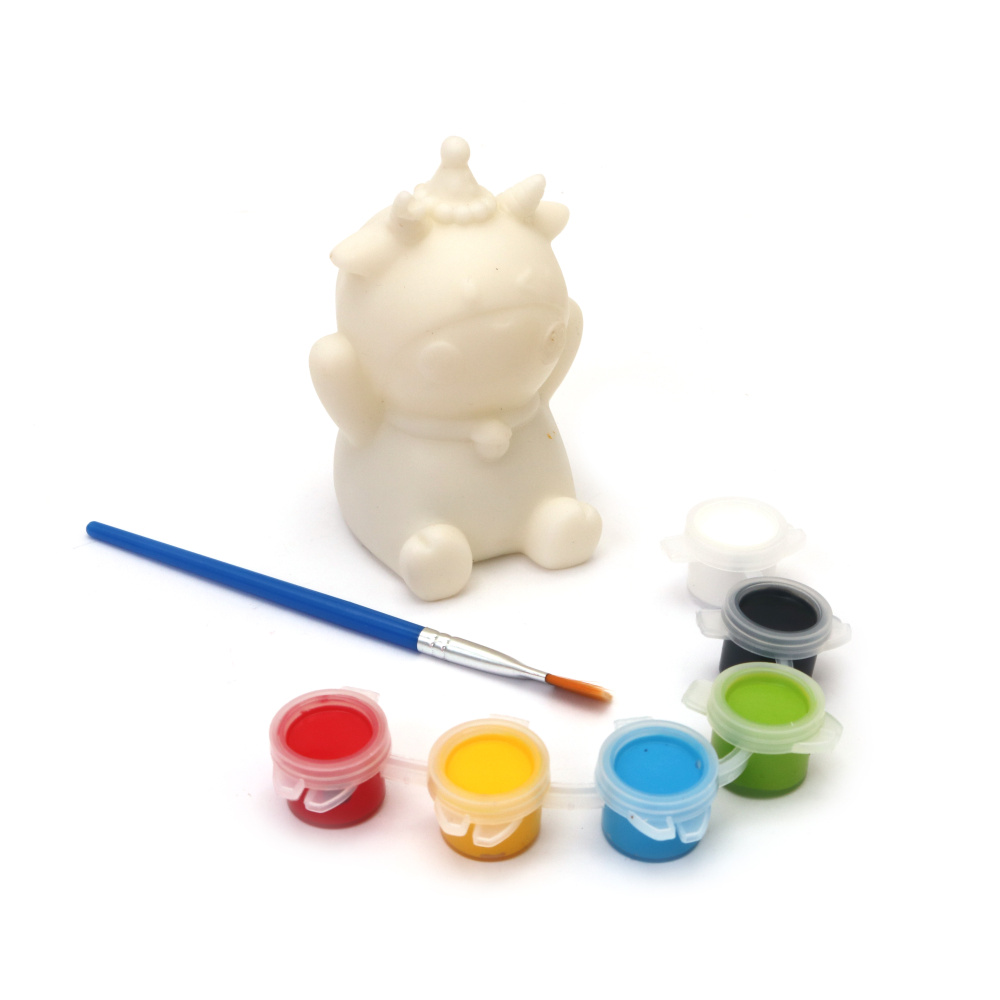 Cutie de colorat din plastic 60x90 mm cu pensulă și vopsele - vacă