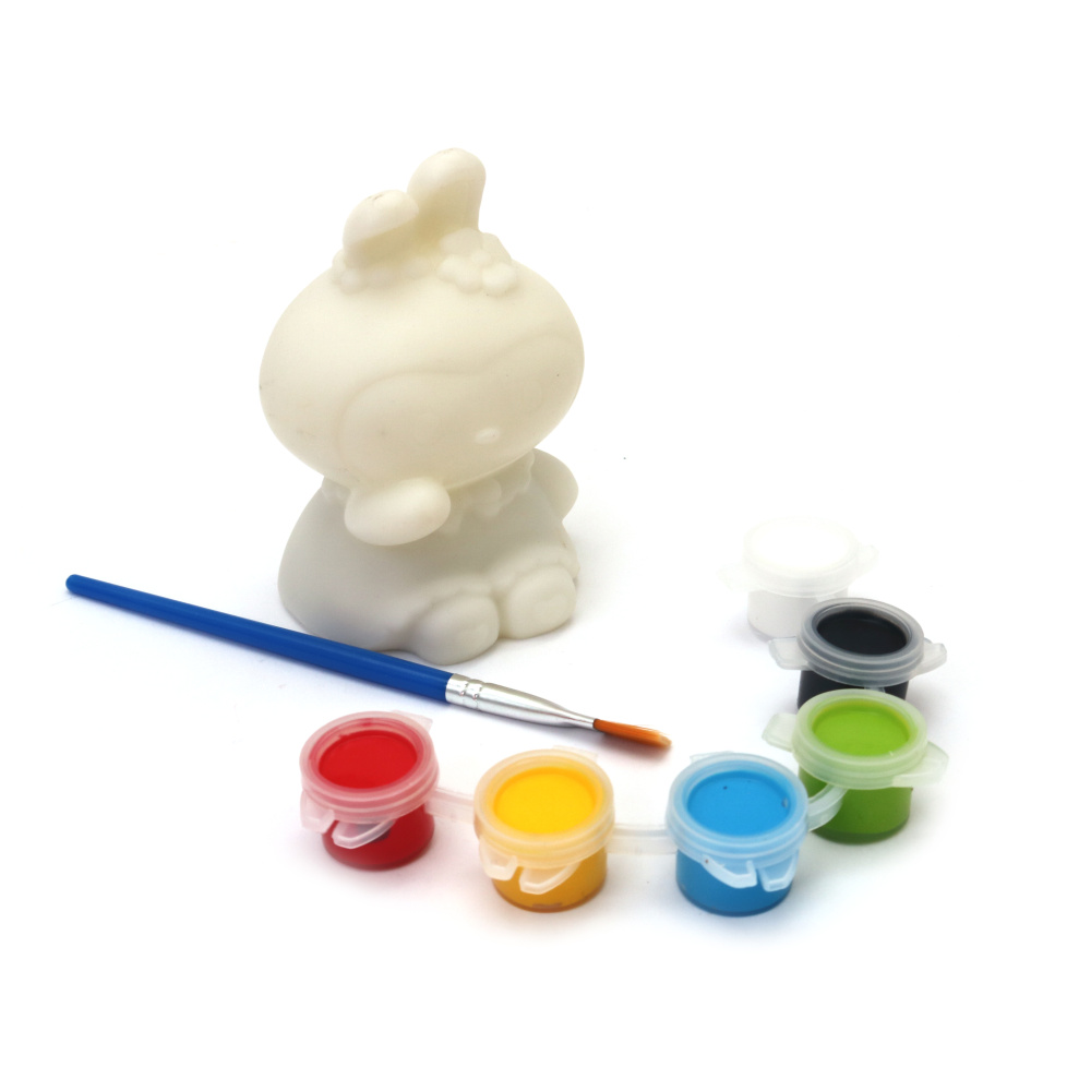 Cutie de colorat din plastic 60x90 mm cu pensulă și vopsele - iepuraș