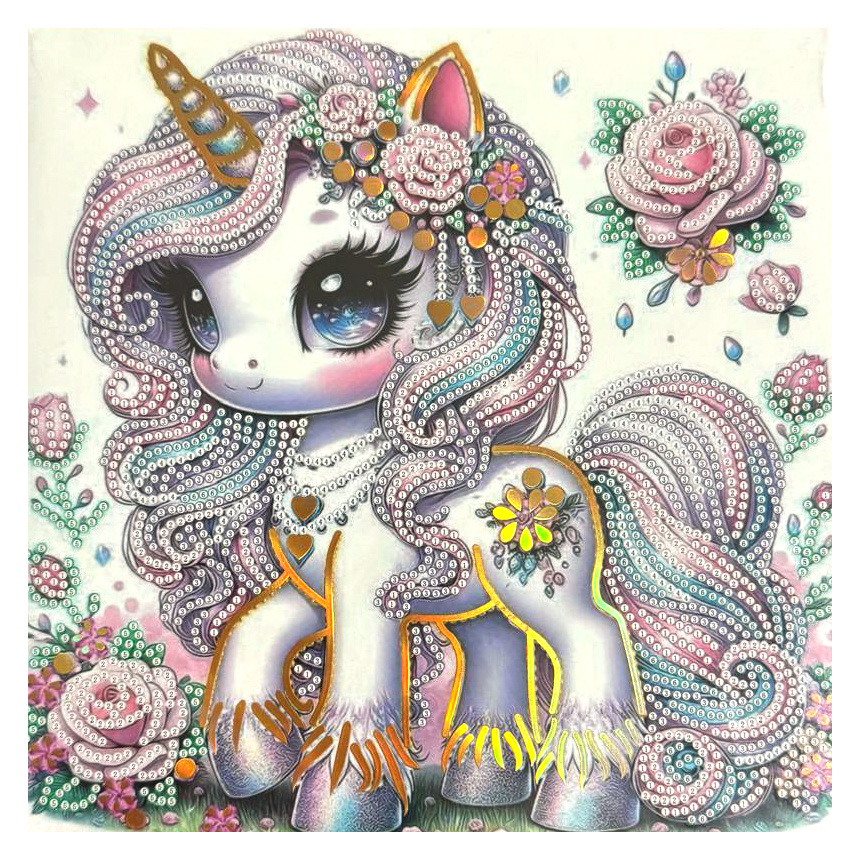 Tapiserie cu diamante 20x20 cm, diamante rotunde, lipite parțial, cu ramă - Candy Unicorn LT-025
