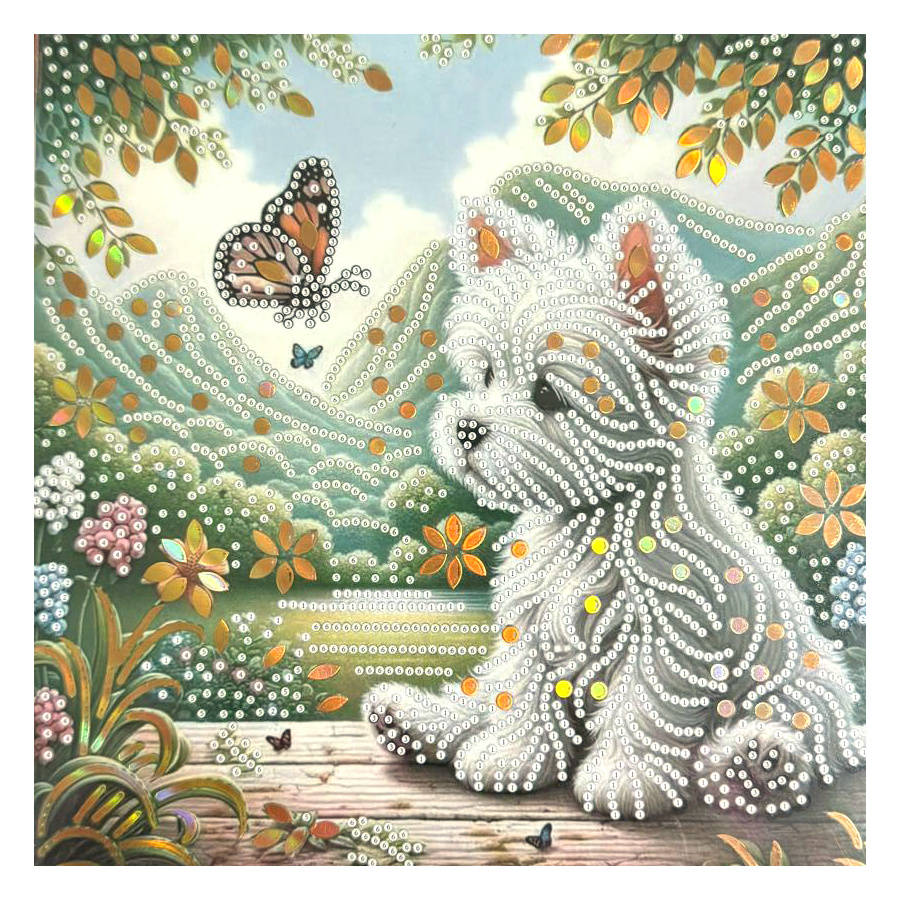 Tapiserie cu diamante 20x20 cm, lipire parțială cu diamante rotunde și ramă - Cățeluș alb pufos LT-033