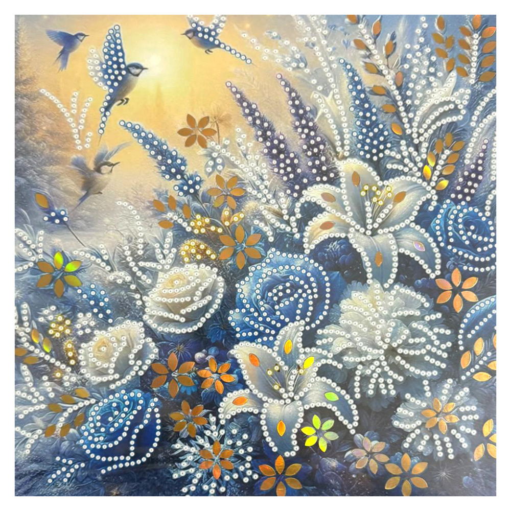 Tapiserie cu diamante 30x30 cm, diamante rotunde, parțial înrămate, cu ramă - Briză blândă de flori LT-3537