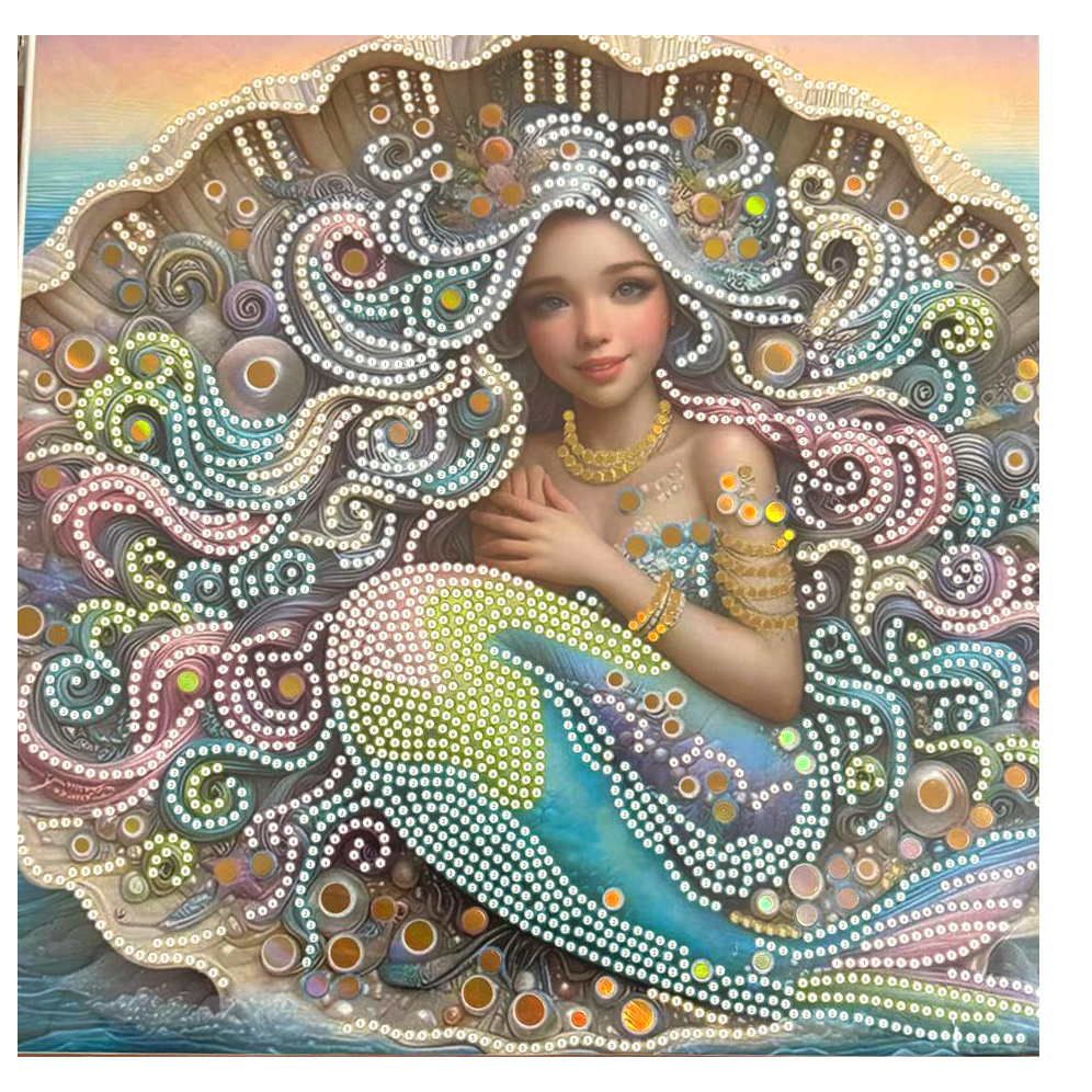 Tapiserie cu diamante 30x30 cm, diamante rotunde, lipite parțial, cu ramă - Sirenă de Perle LT-3535