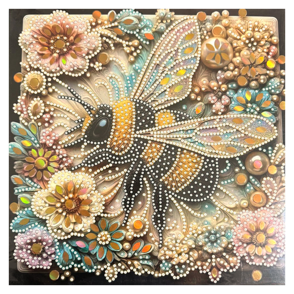 Pictură cu diamant veselă 30x30 cm cu diamante rotunde – Design parțial cu găurit în formă de grădină de albine și ramă elegantă LT-3538