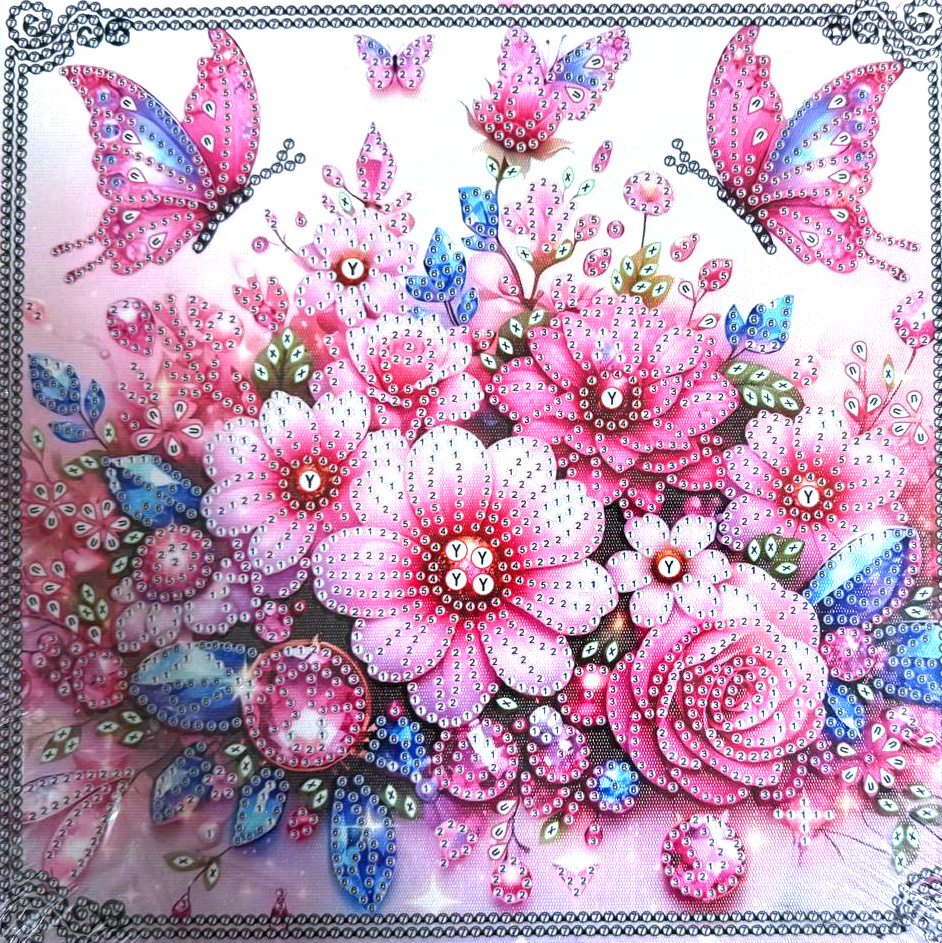 Pictură cu diamant colorat 25x25 cm cu diamante rotunde – Model parțial perforat cu fluturi, grădină, ramă elegantă YY114