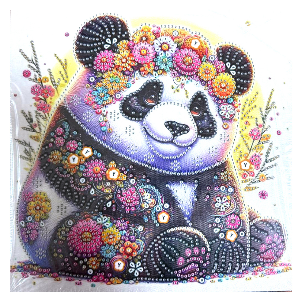 Pictură cu diamant adorabilă cu panda colorat 25x25 cm – Diamante rotunde strălucitoare, perforație parțială cu ramă decorativă – YY120
