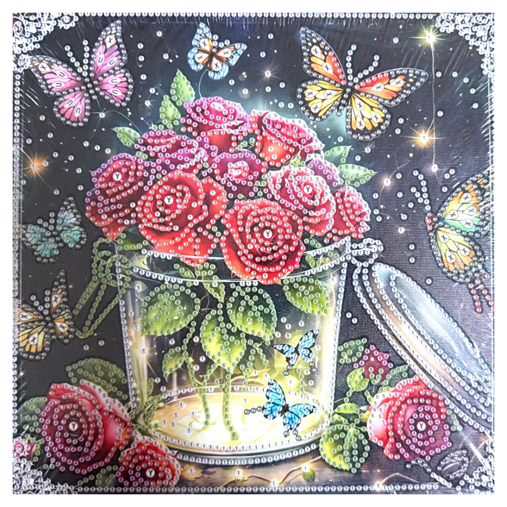 Pictură cu diamant Trandafiri romantici stacojii 25x25 cm – Diamante rotunde strălucitoare, perforație parțială cu ramă elegantă – YY80