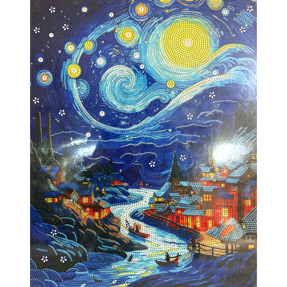 Pictură cu diamant - Noapte superbă cu lună deasupra orașului 40x50 cm - Diamante rotunde strălucitoare, broșură completă cu ramă elegantă - XQYX86284