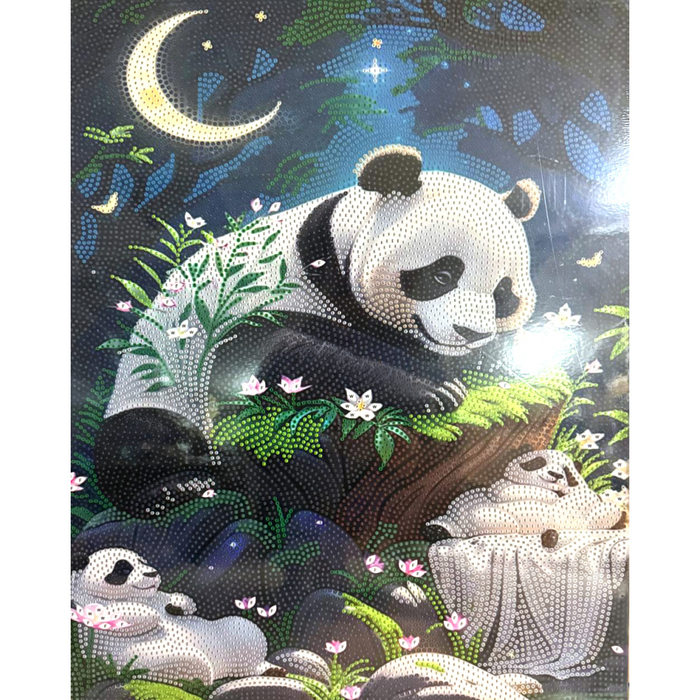 Pictură cu diamant cu panda adorabili și pașnici 40x50 cm – Diamante rotunde strălucitoare, broșură completă cu ramă elegantă – XQYX86077