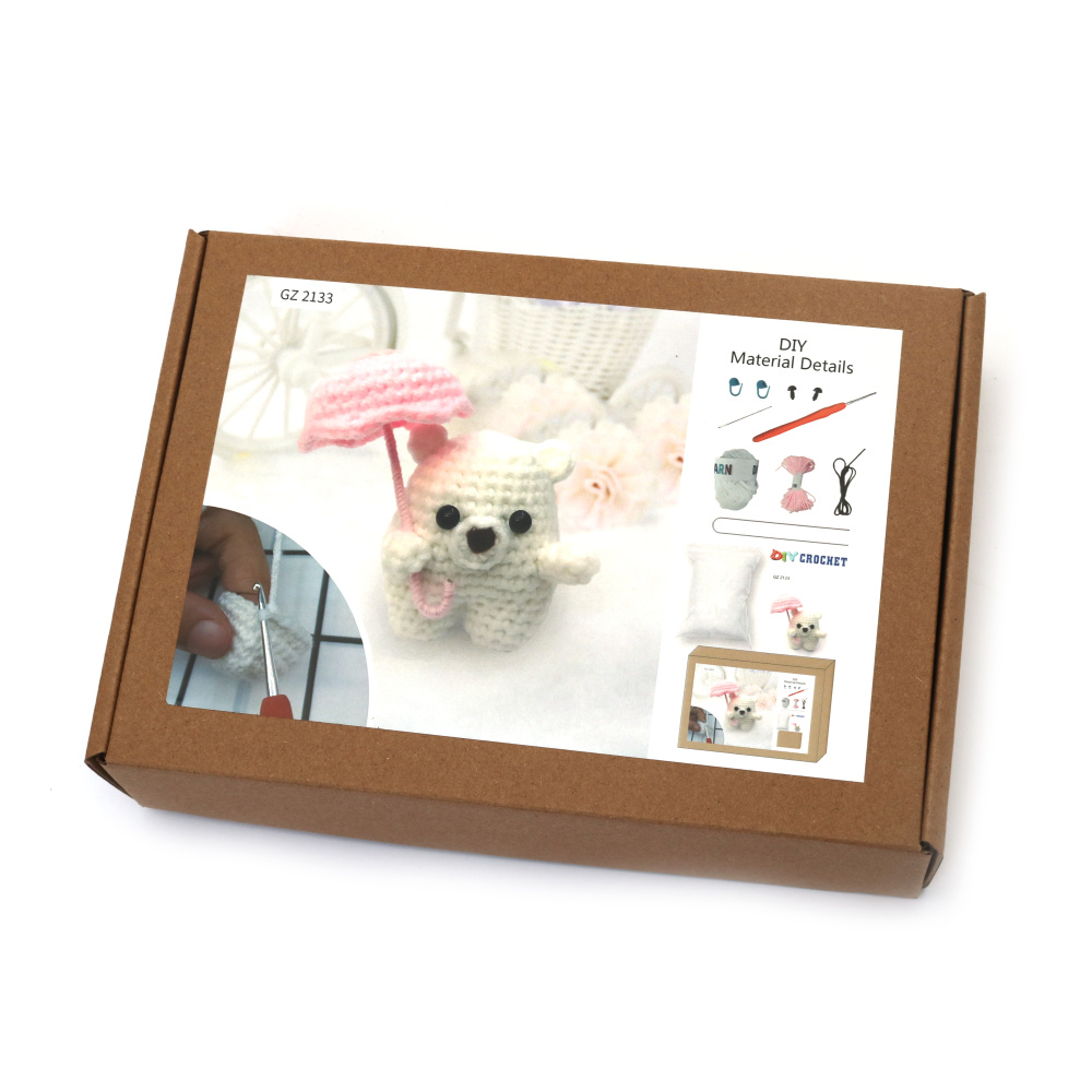 Kit creativ AMIGURUMI 60x45x50 mm pentru croșetat - ursuleț cu umbrelă GZ2133
