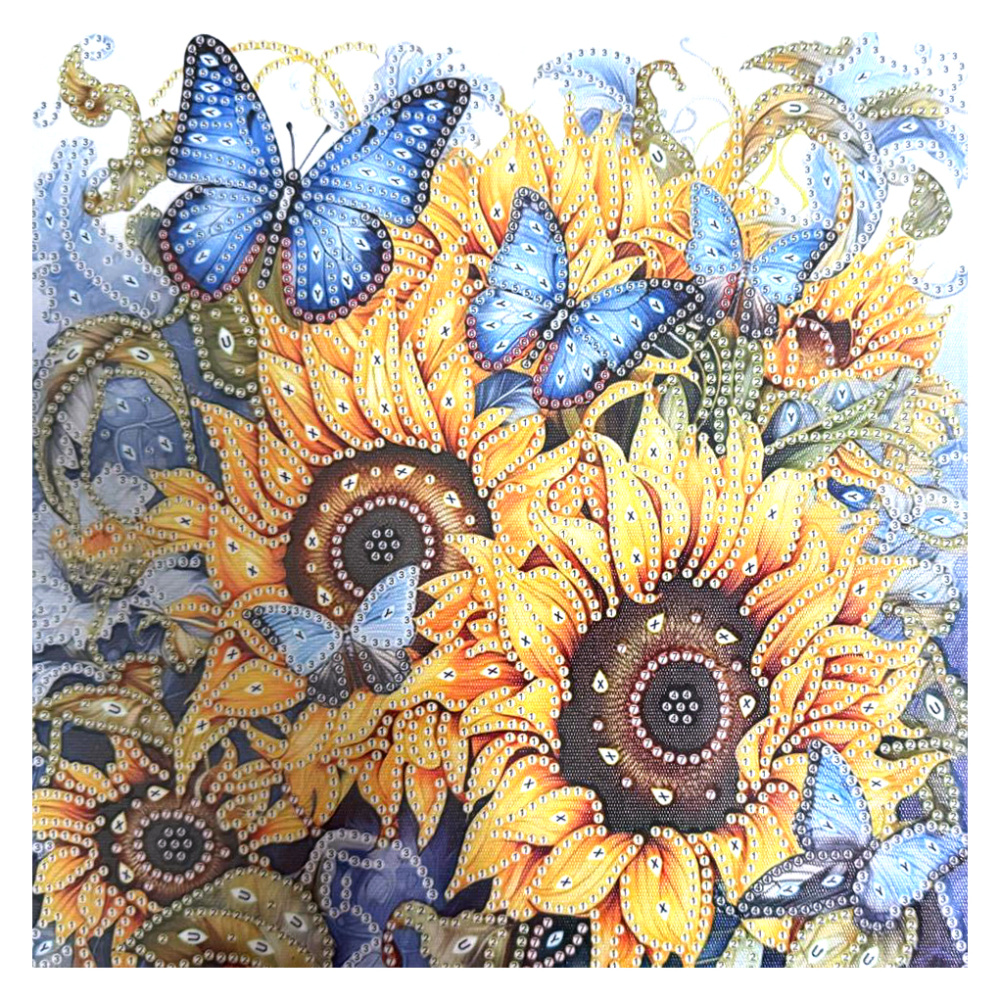 Tapiserie cu diamante 25x25 cm, diamante rotunde, lipite parțial, cu ramă - Vis de floarea-soarelui YY98