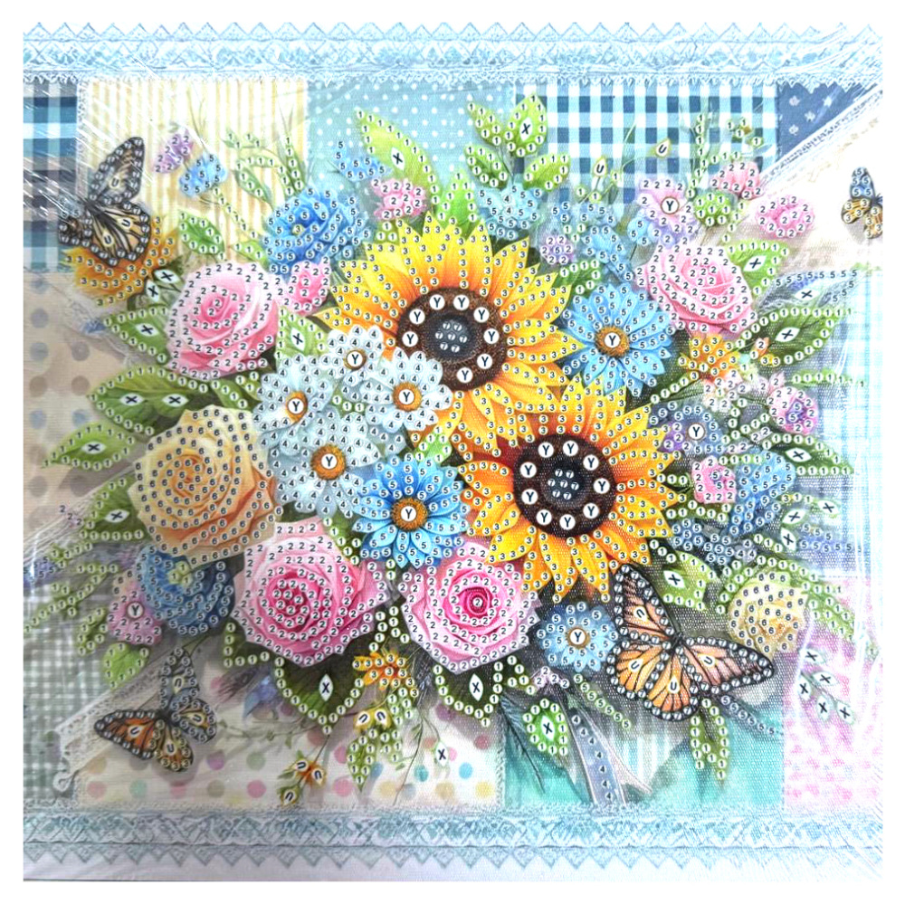 Tapiserie cu diamante 25x25 cm, diamante rotunde, lipite parțial cu ramă - Buchet însorit YY73