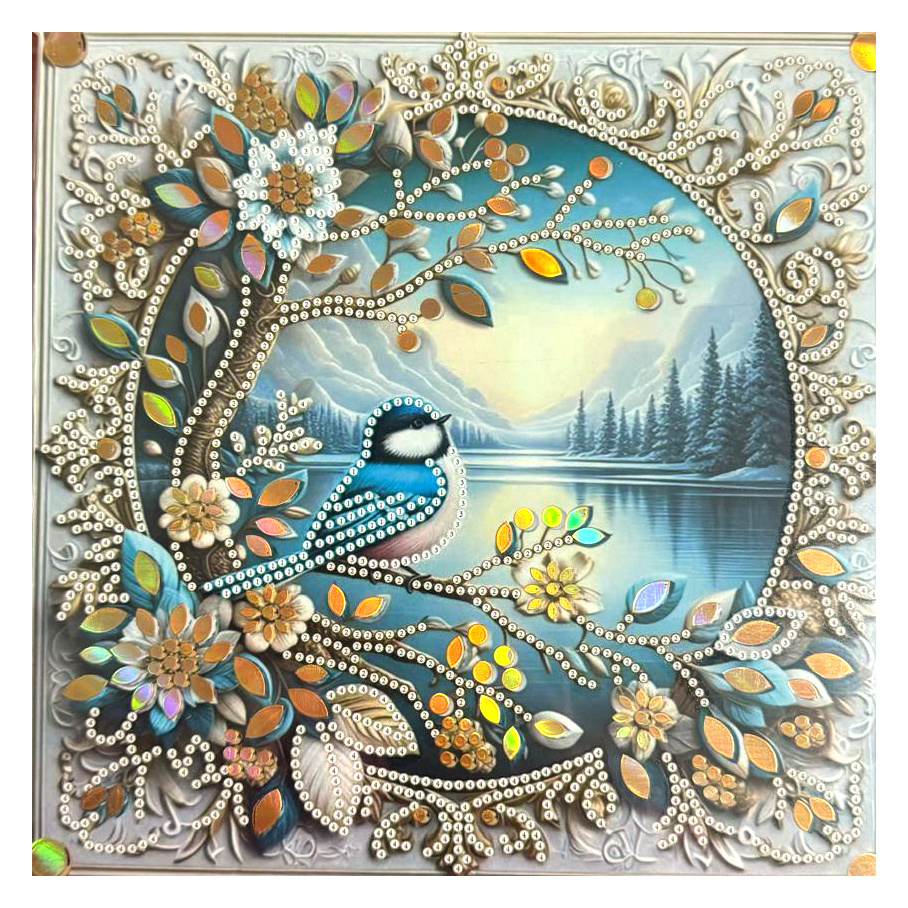 Tapiserie cu diamante 20x20 cm, diamante rotunde, lipite parțial, cu ramă - Blue Morning LT-035