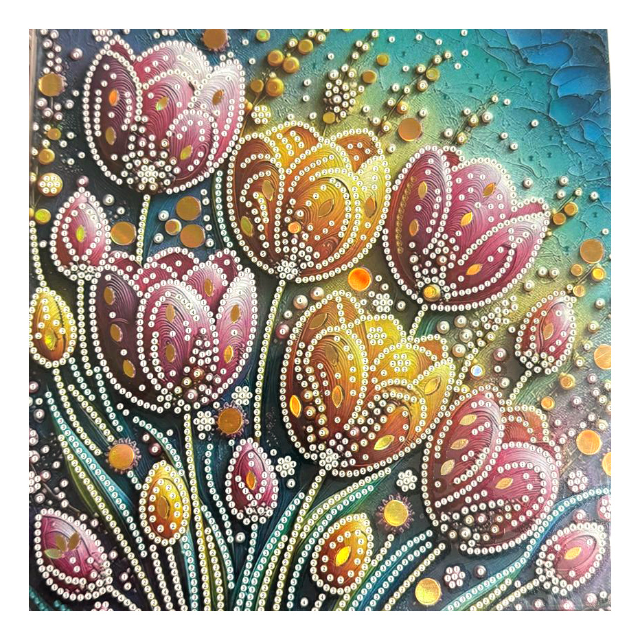 Tapiserie cu diamante 20x20 cm, diamante rotunde, lipite parțial, cu ramă - Dansul Lalelelor LT-036